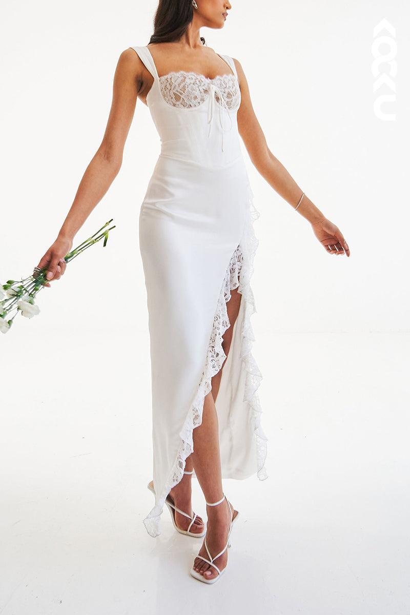 L1918 - Square Neck Lace Satin Sheath Long Evening Party Dress With Thigh Slit