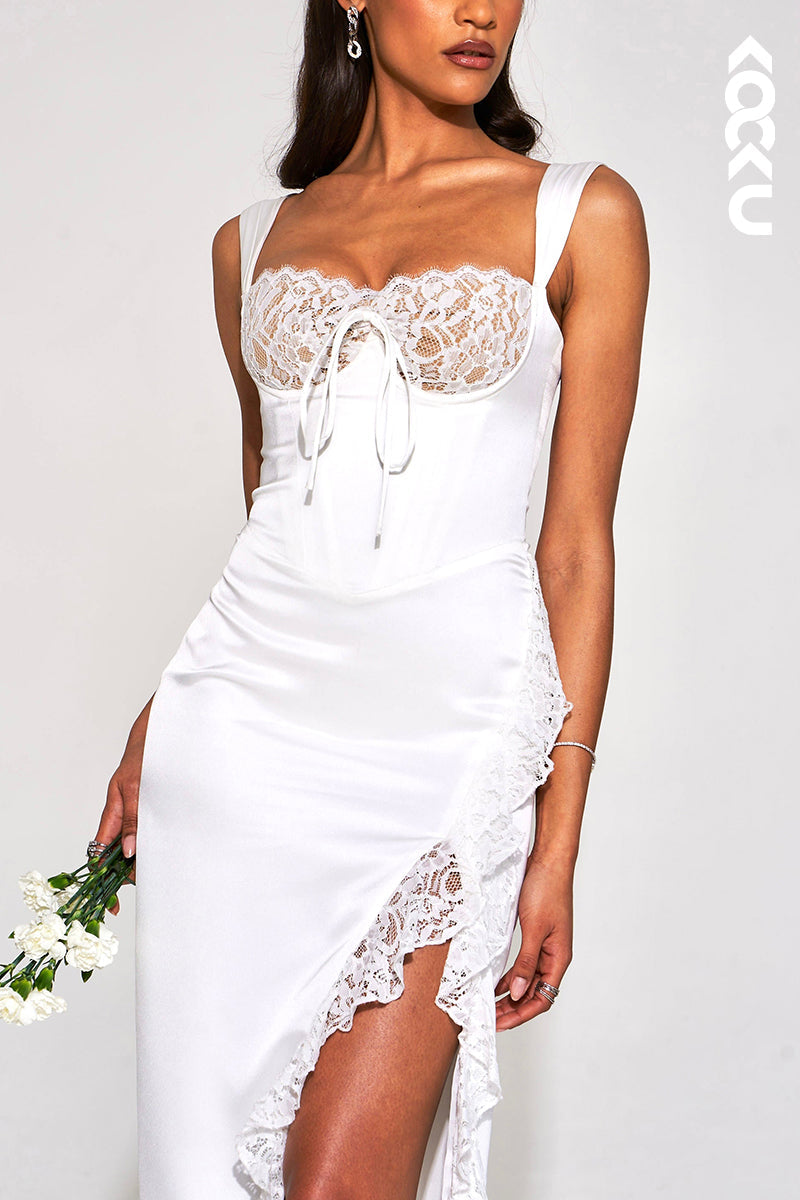 L1918 - Square Neck Lace Satin Sheath Long Evening Party Dress With Thigh Slit