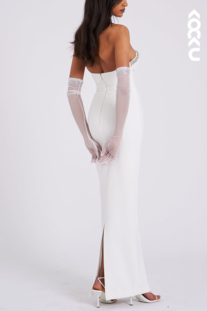 L1922 - Low V-Neck Strapless Beaded Satin Sheath Long Evening Party Dress