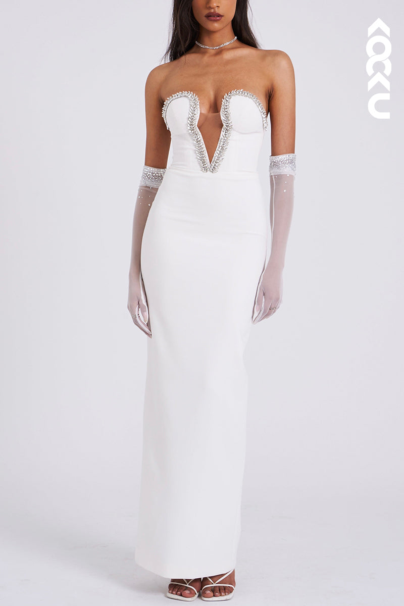 L1922 - Low V-Neck Strapless Beaded Satin Sheath Long Evening Party Dress