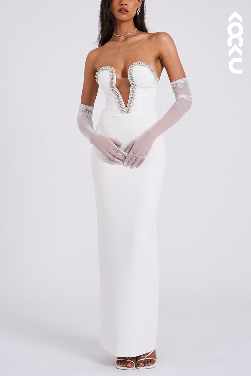 L1922 - Low V-Neck Strapless Beaded Satin Sheath Long Evening Party Dress