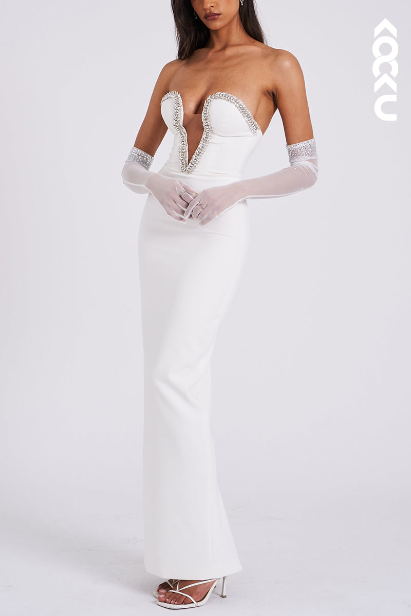 L1922 - Low V-Neck Strapless Beaded Satin Sheath Long Evening Party Dress