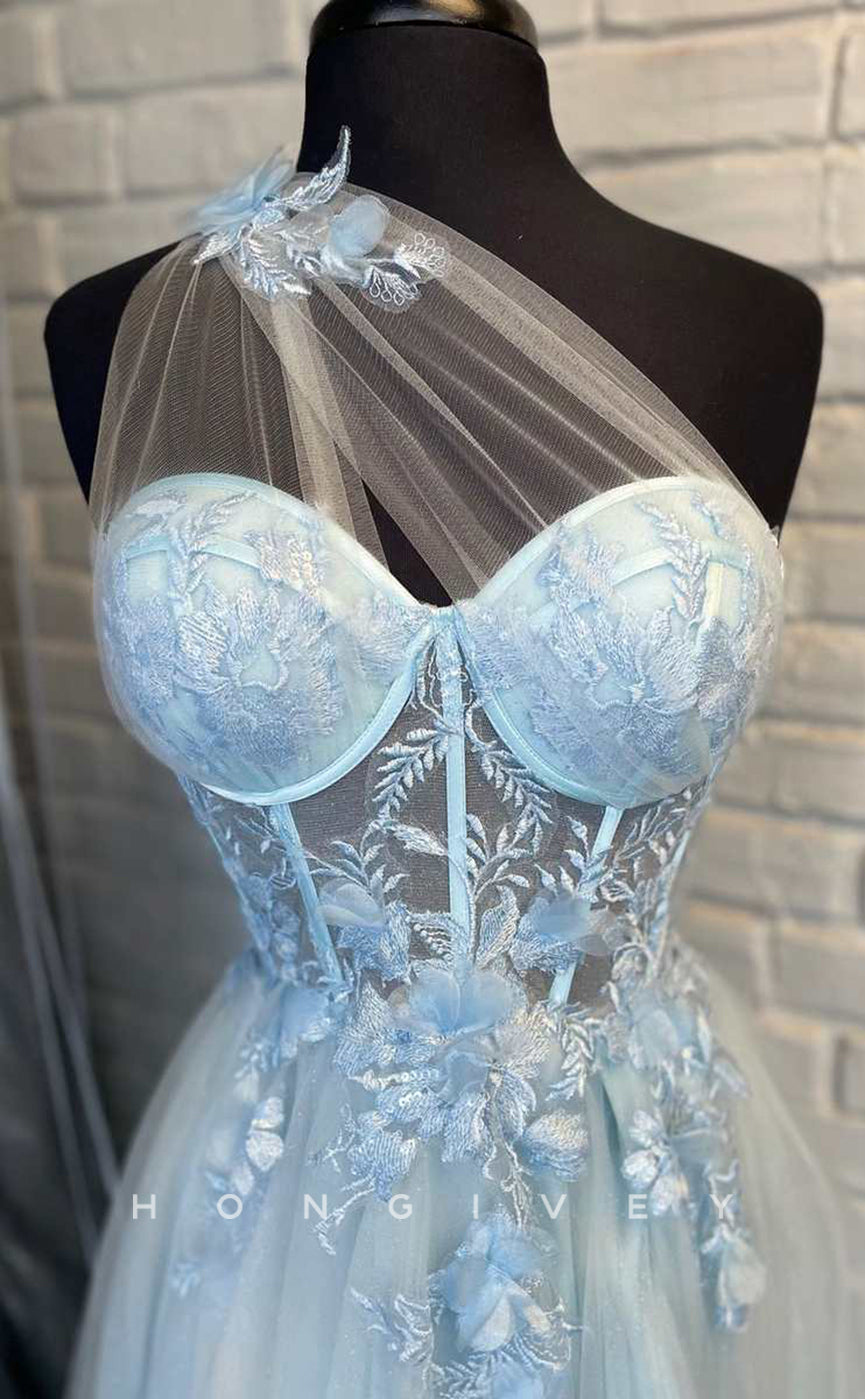 L2493 - Sexy Tulle A-Line One Shoulder Empire Illusion Floral Appliques Party Prom Evening Dress
