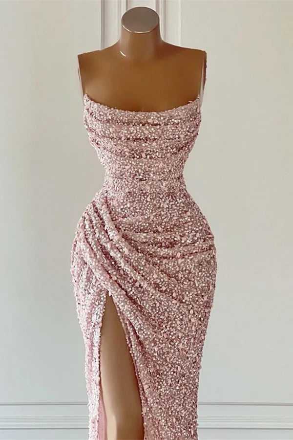 Sparkly Sleeveless Pleated Baby Pink Night Party Dresses Sequins Elegant Prom Dress