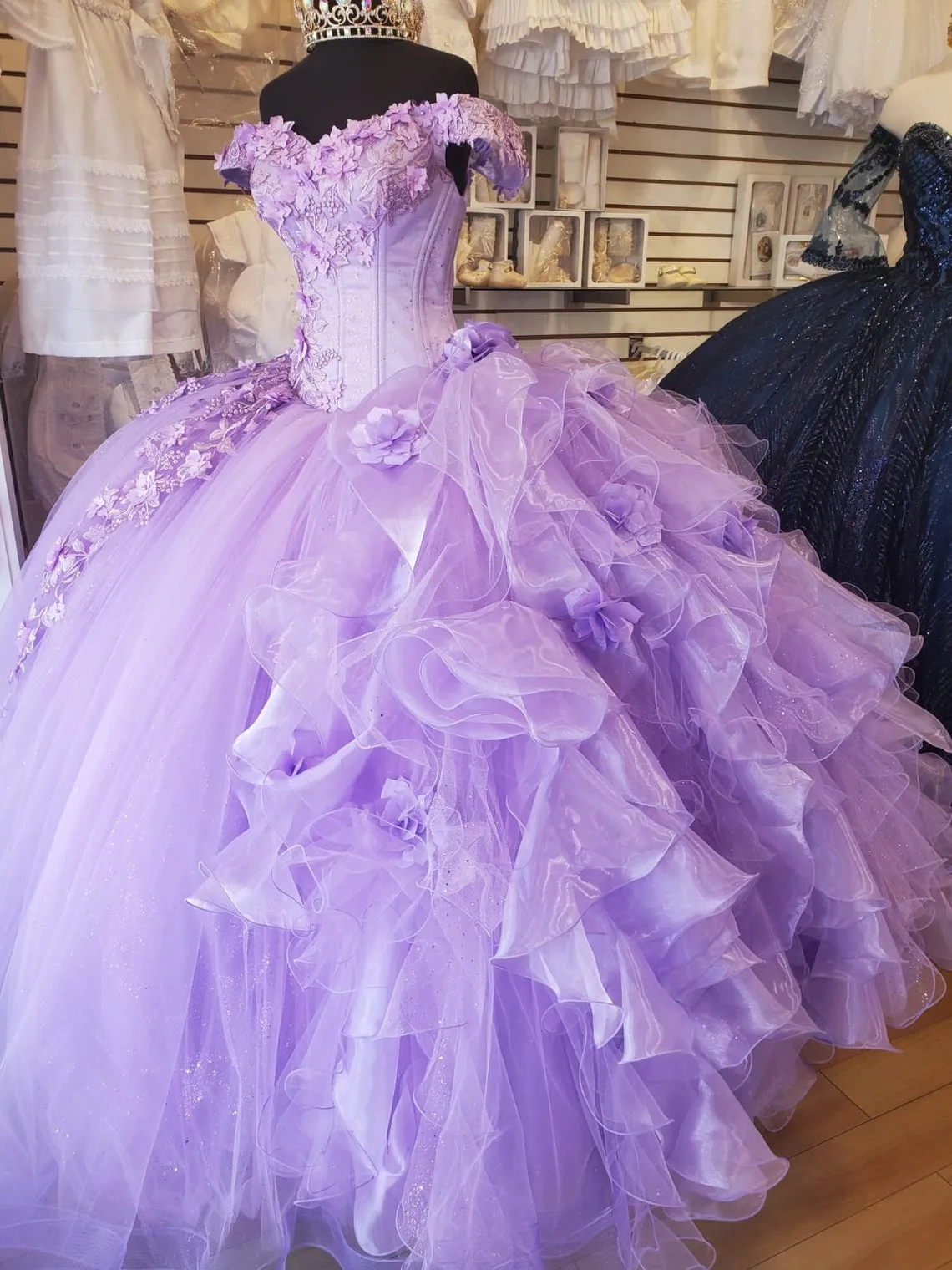Off-The-Shoulder Lavender Tulle Quinceanera Dresses Flowers Ball Gown Sweet 15 - View 4 | FashionDia