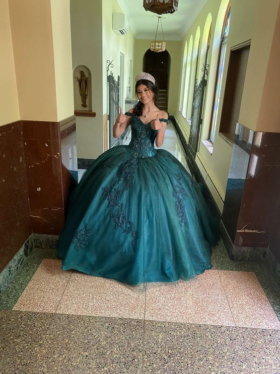 Stunning Green Tulle Appliques Ball Gown Sweet 16 Dress - View 2 | FashionDia