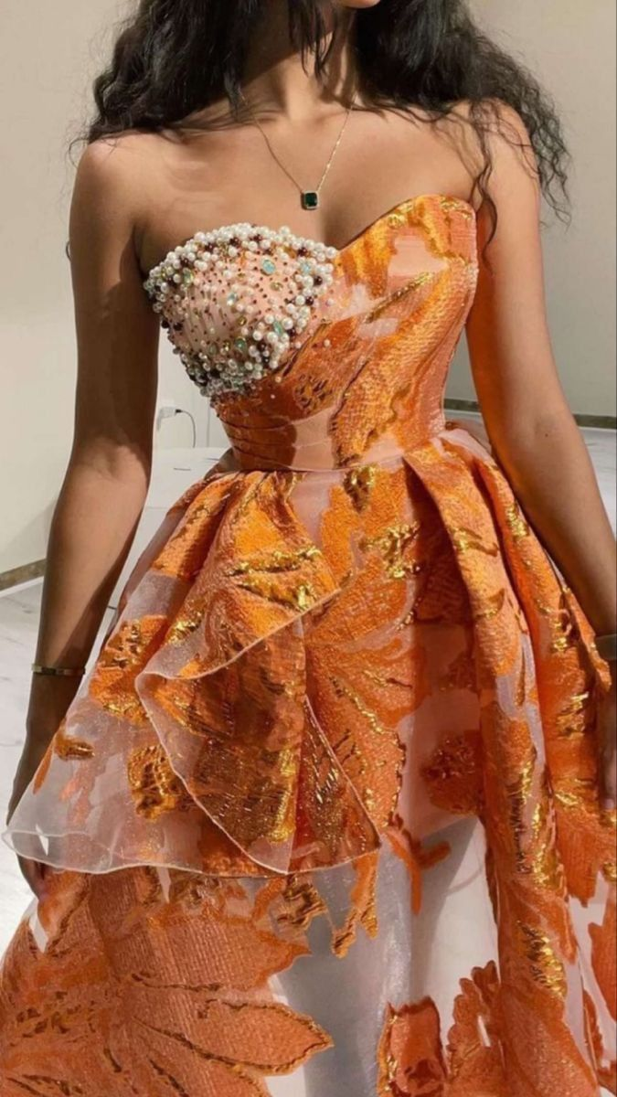 Luxurious Orange Tulle Print Floral Homecoming Dress Strapless Pearls Short Prom Dress - FashionDia