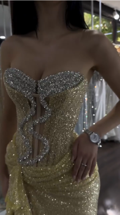 Glitter Strapless Yellow Sequin Beaded Mermaid Slit Evening Dress Formal Birthday Party Dress - View 3 | FashionDia