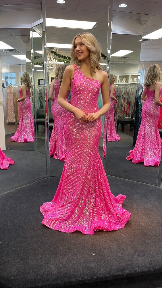 Hot Pink Sequin One-Shoulder Mermaid Long Prom Dress - FashionDia