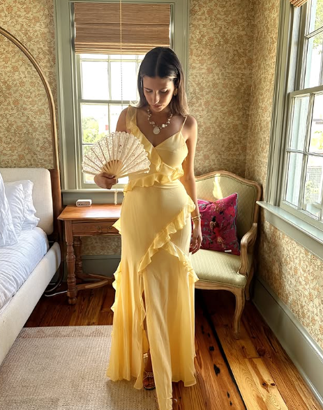 Elegant Yellow Spaghetti Straps Ruffle Slit Prom Dress,Long Party Evening Dress - View 2 | FashionDia