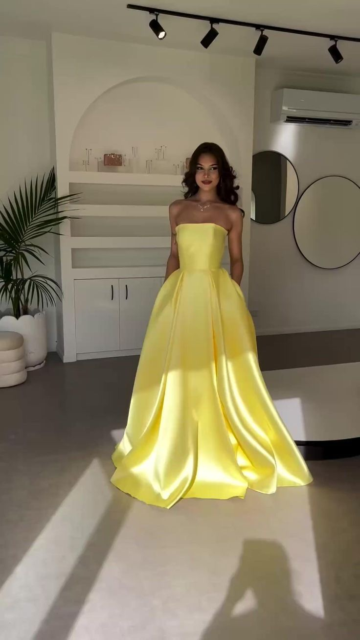 Gorgeous Yellow Satin A Line Party Evening Dress With Pockets
