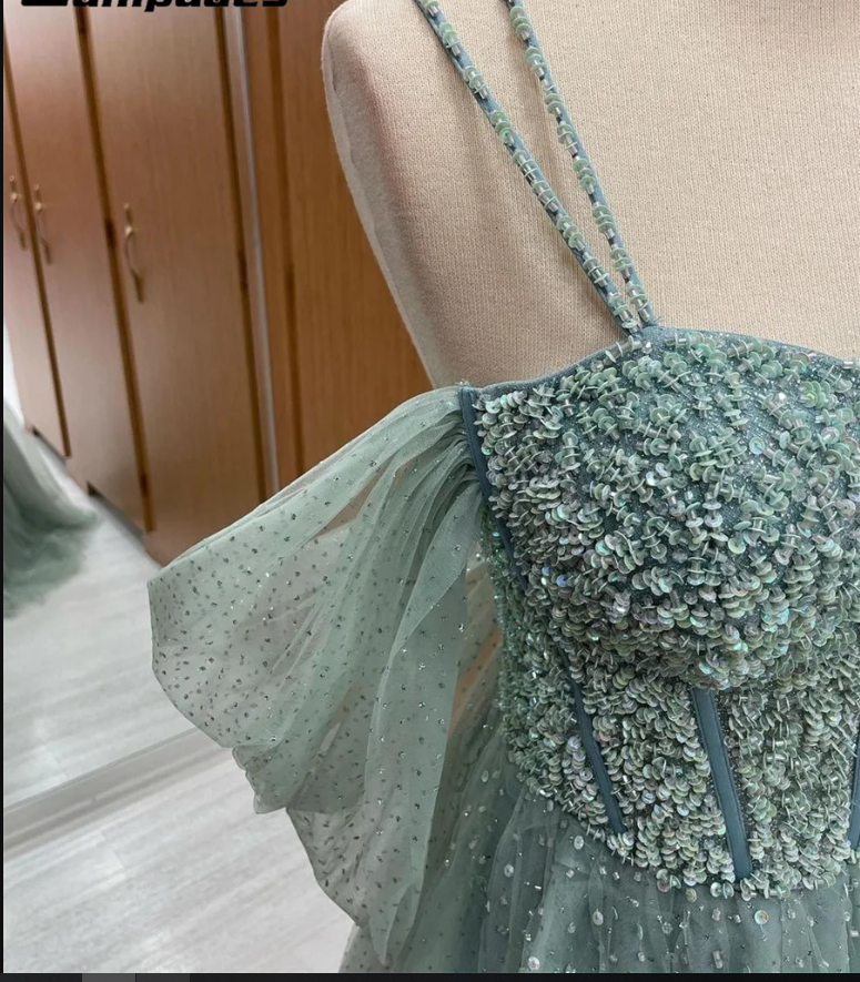 Elegant Evening Dress with Spaghetti Straps, Glitter A-Line Tulle Prom Dress