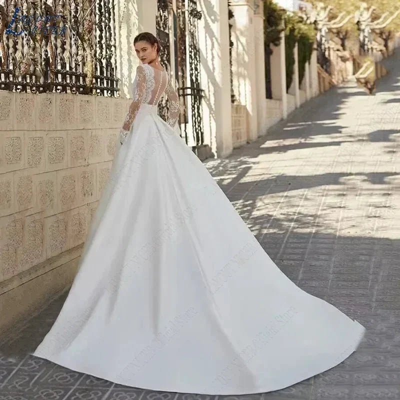 Elegant Wedding Dresses For Woman Vestidos De Novia V Neck Lace Long Sleeves Satin Bridal Gown Illusion Back Bride (ZD13481)