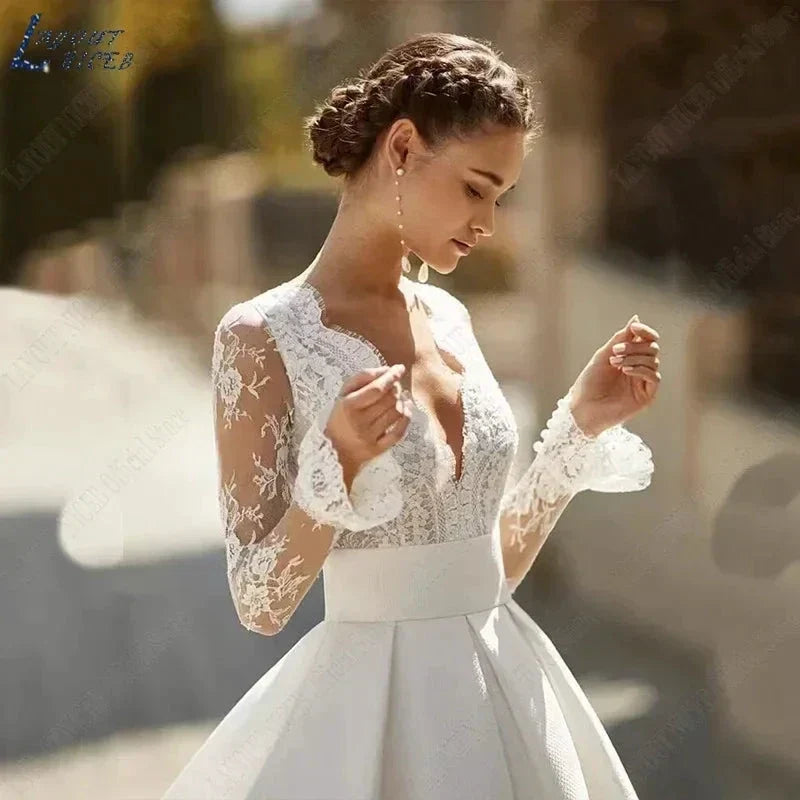 Elegant Wedding Dresses For Woman Vestidos De Novia V Neck Lace Long Sleeves Satin Bridal Gown Illusion Back Bride (ZD13481) - View 3 | VelvetHem