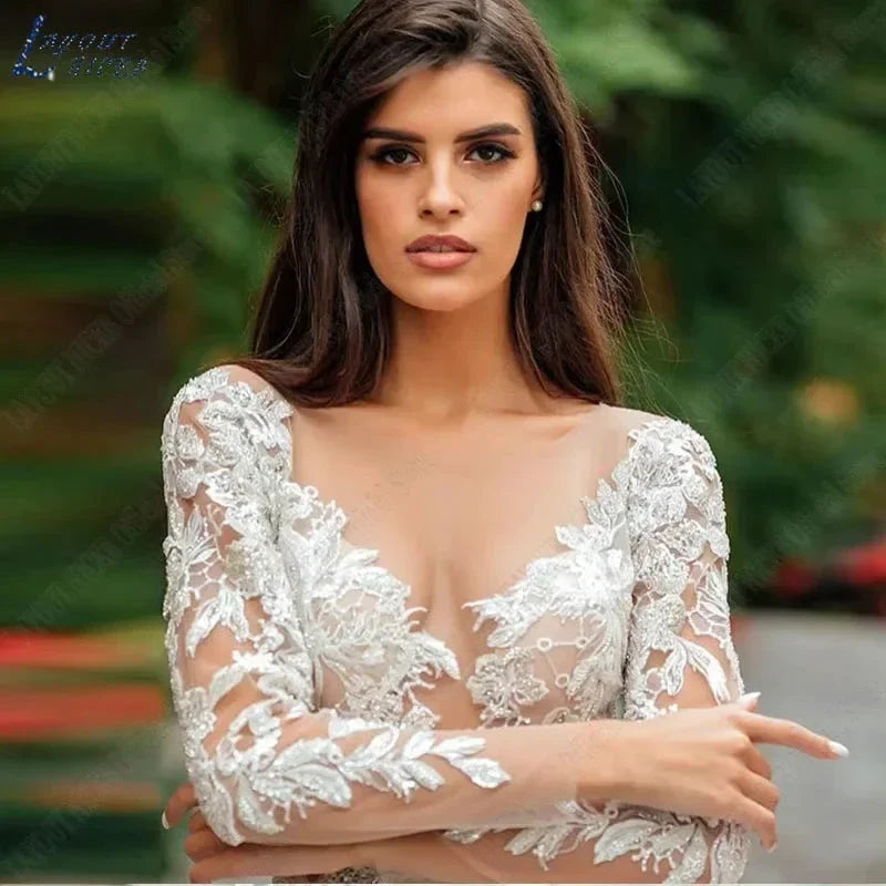 Graceful Wedding Dresses Bobo Illusion Long Sleeves Women Appliqued Lace Bridal Gowns Sexy Tulle (ZD13327)