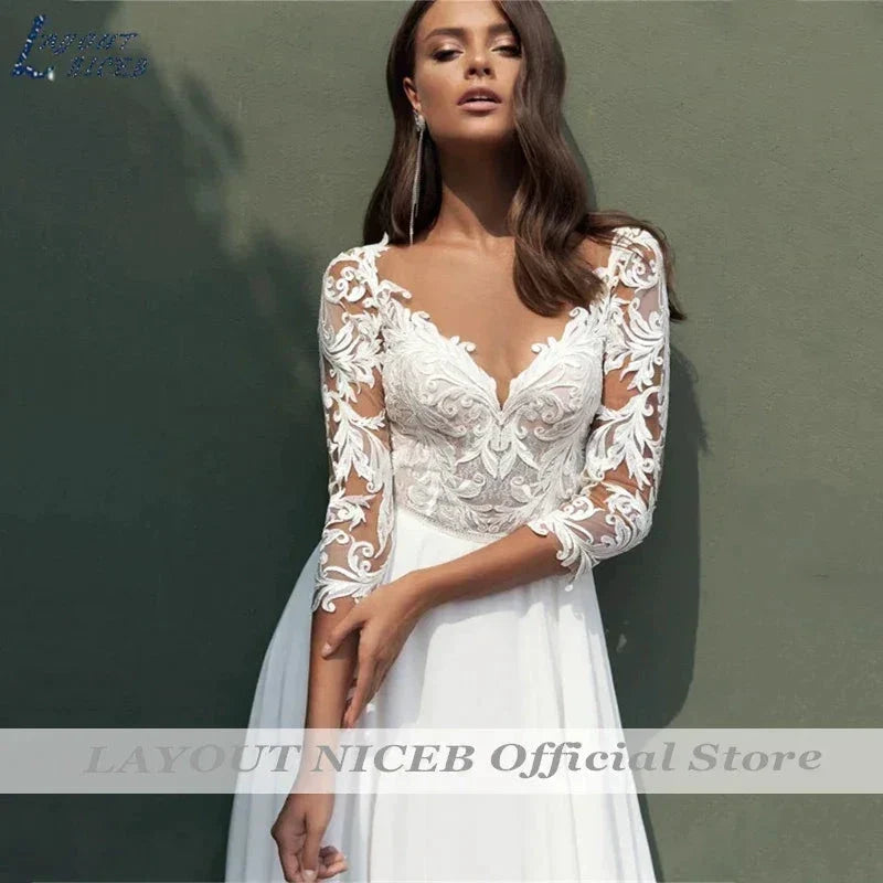 Lace Wedding Dresses Women Chiffon Boho Appliques Bridal Gowns Half Sleeve Beach Vestidos De Novia Casamento Civil (ZD13348)