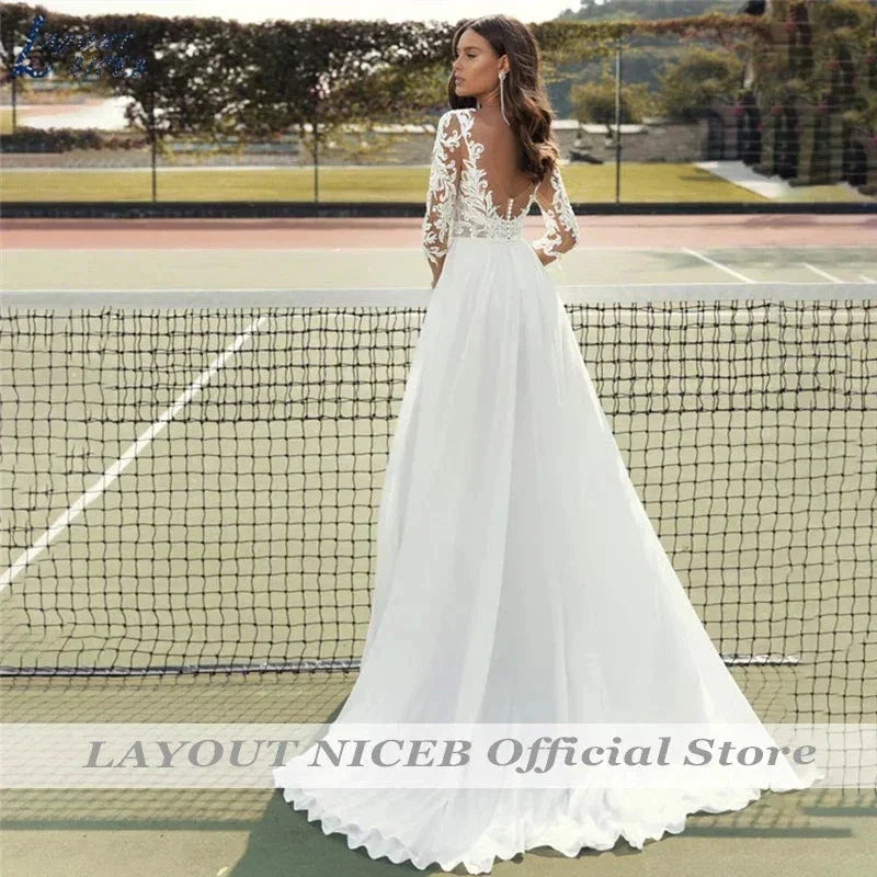 Lace Wedding Dresses Women Chiffon Boho Appliques Bridal Gowns Half Sleeve Beach Vestidos De Novia Casamento Civil (ZD13348)