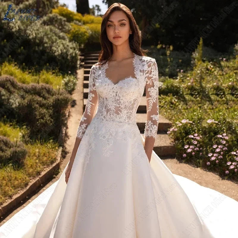 Wedding Dresses For Woman Lace Half Sleeves Luxury Satin Bridal Gown Illusion Appliqued Bride Vestidos De Boda 2023 (ZD13353)