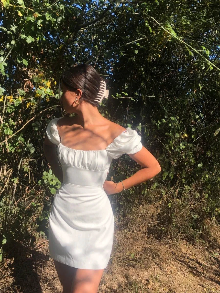 Vintage Square Neckline White Homecoming Dress White Mini Dress (ZD11770)