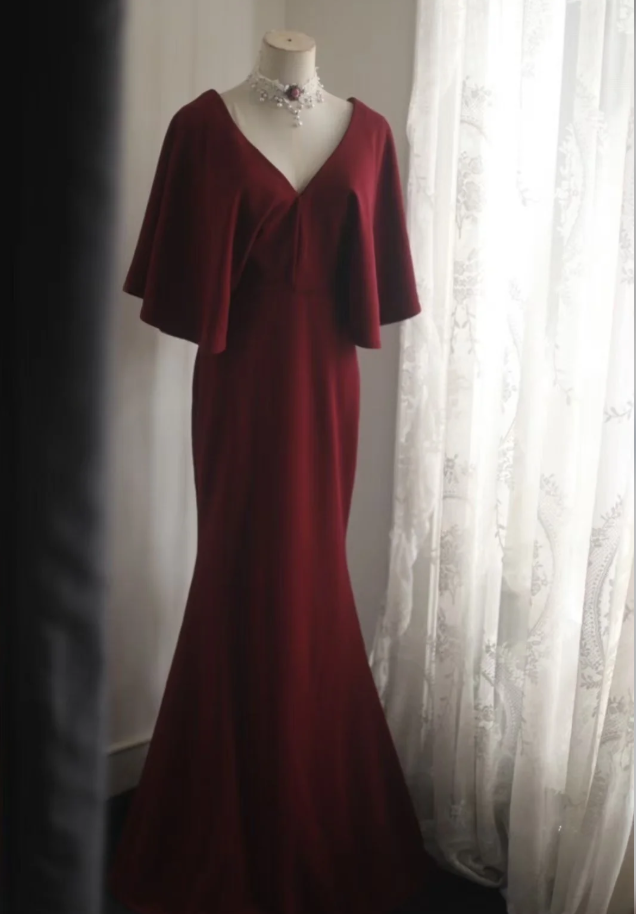 Vintage V-Neck Burgundy Satin Mermaid Evening Dress Backless Long Birthday Party Dress - FashionDia