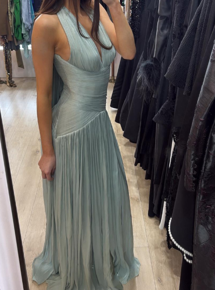 Elegant Blue Halter V Neck Chiffon Pleated Mermaid Evening Dress Long Wedding Guest Dress