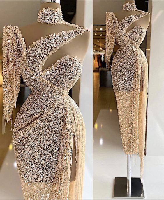Sparkly Sequin Evening Dress Side Slit Prom Dress One Shoulder Tassels Custom Made Y6411 - View 2 | VelvetHem