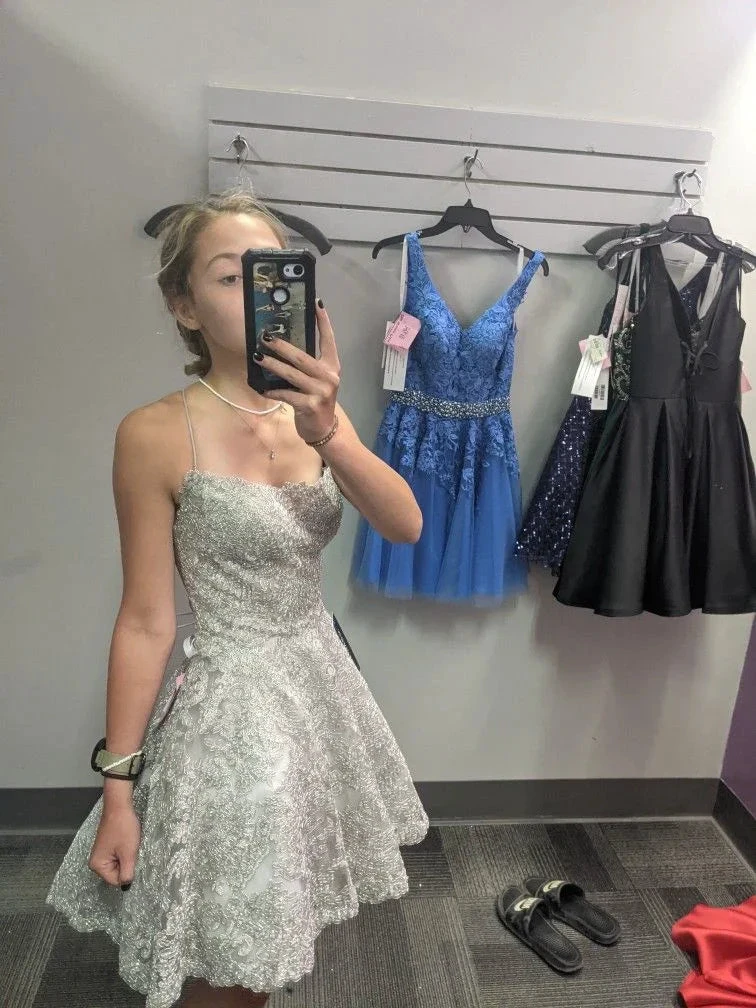 Cute A-line Silver Lace Homecoming Dress 18th Graduation Dress Y2440 by simplepromdress