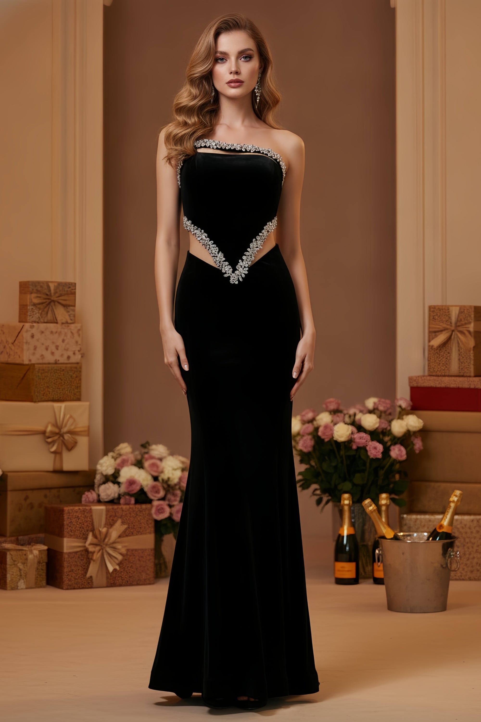 Velvet One-Shoulder Maxi Dress with Rhinestone Trim