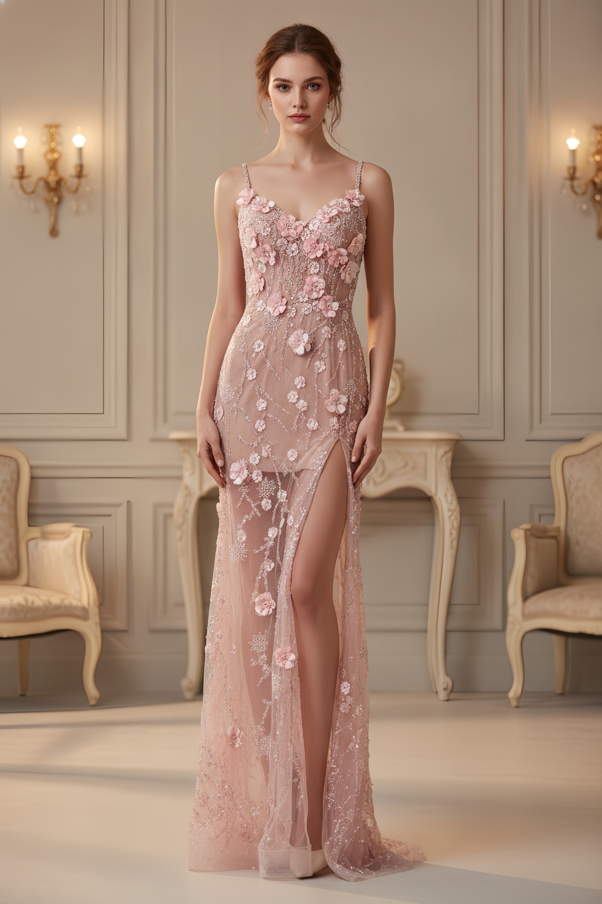 Floral Applique Spaghetti Strap Maxi Dress with Side Slit