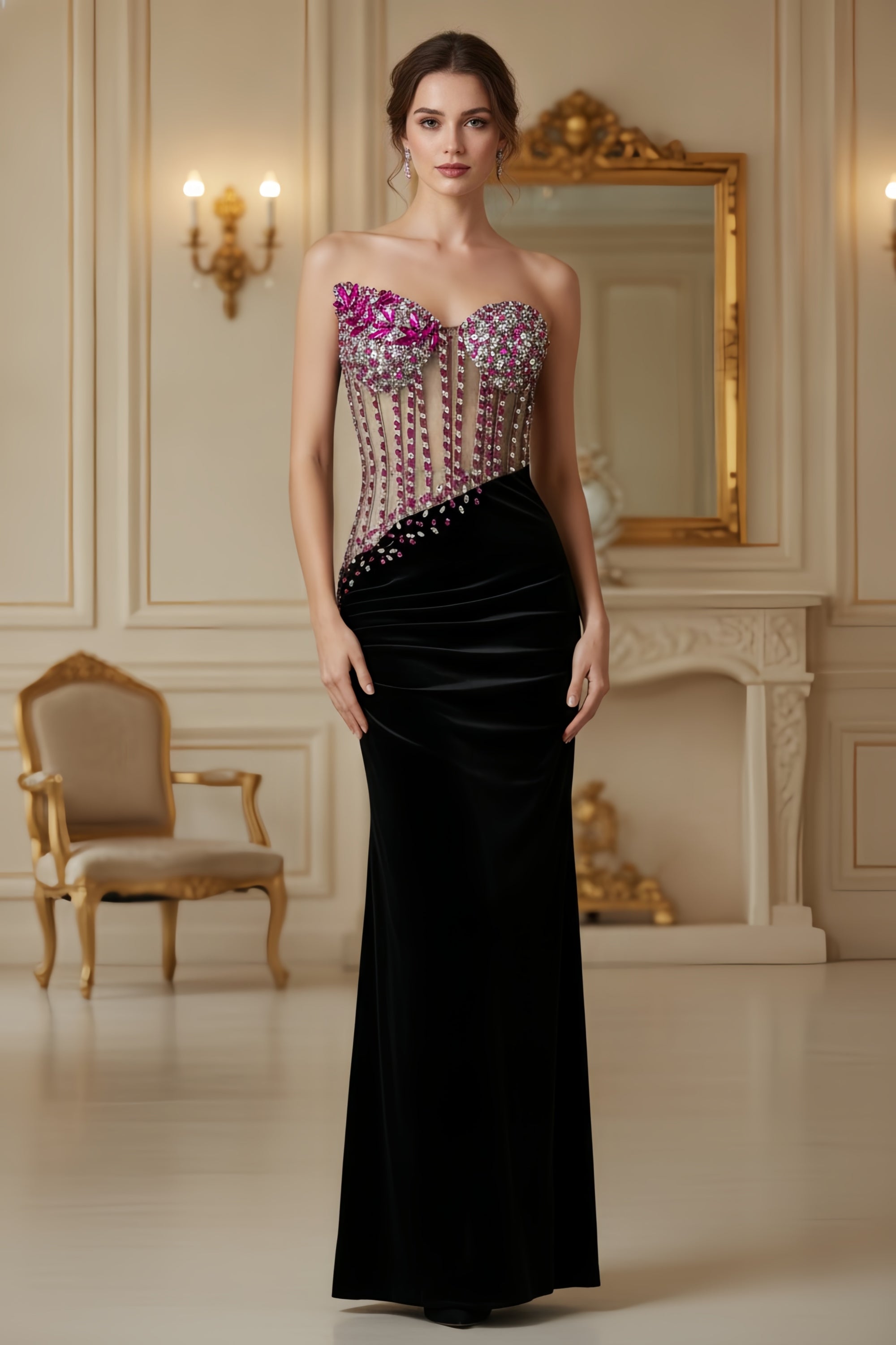 Strapless Sheer Corset Bodice Maxi Dress with Embellished Bust