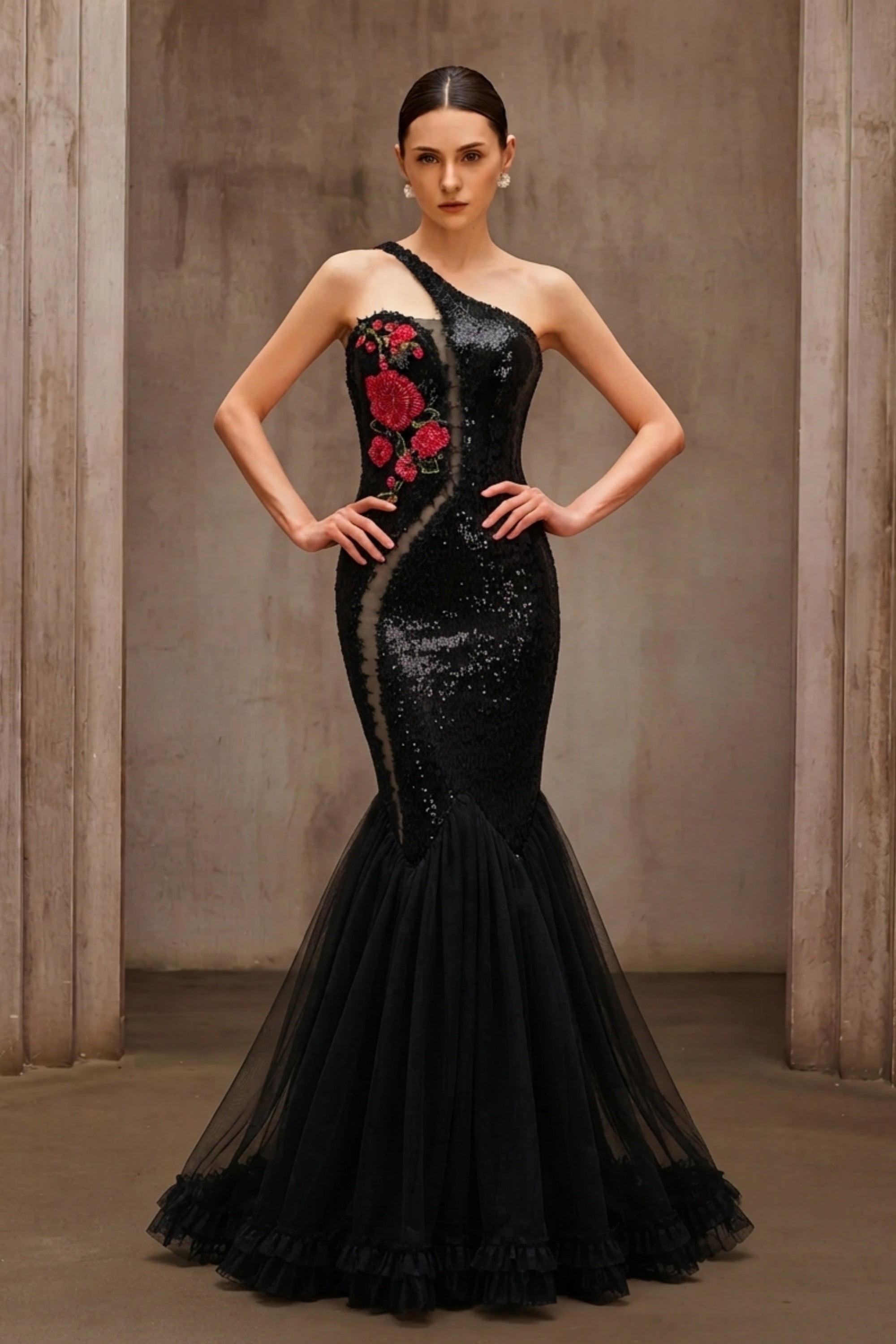 Floral Embroidered One-Shoulder Sequin Mermaid Evening Dress