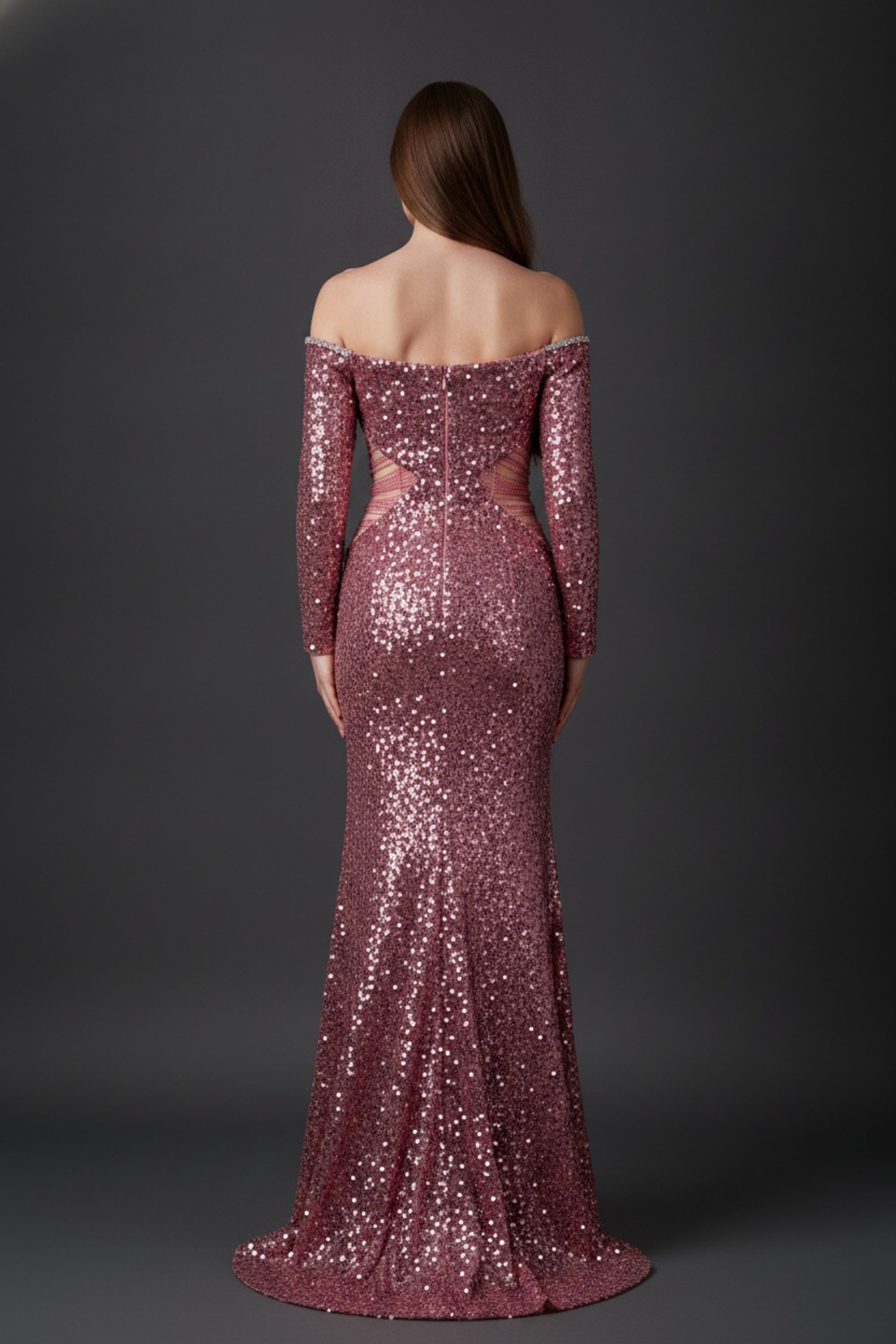 Off-the-Shoulder Long Sleeve Sequin Mermaid Gown with Cutouts