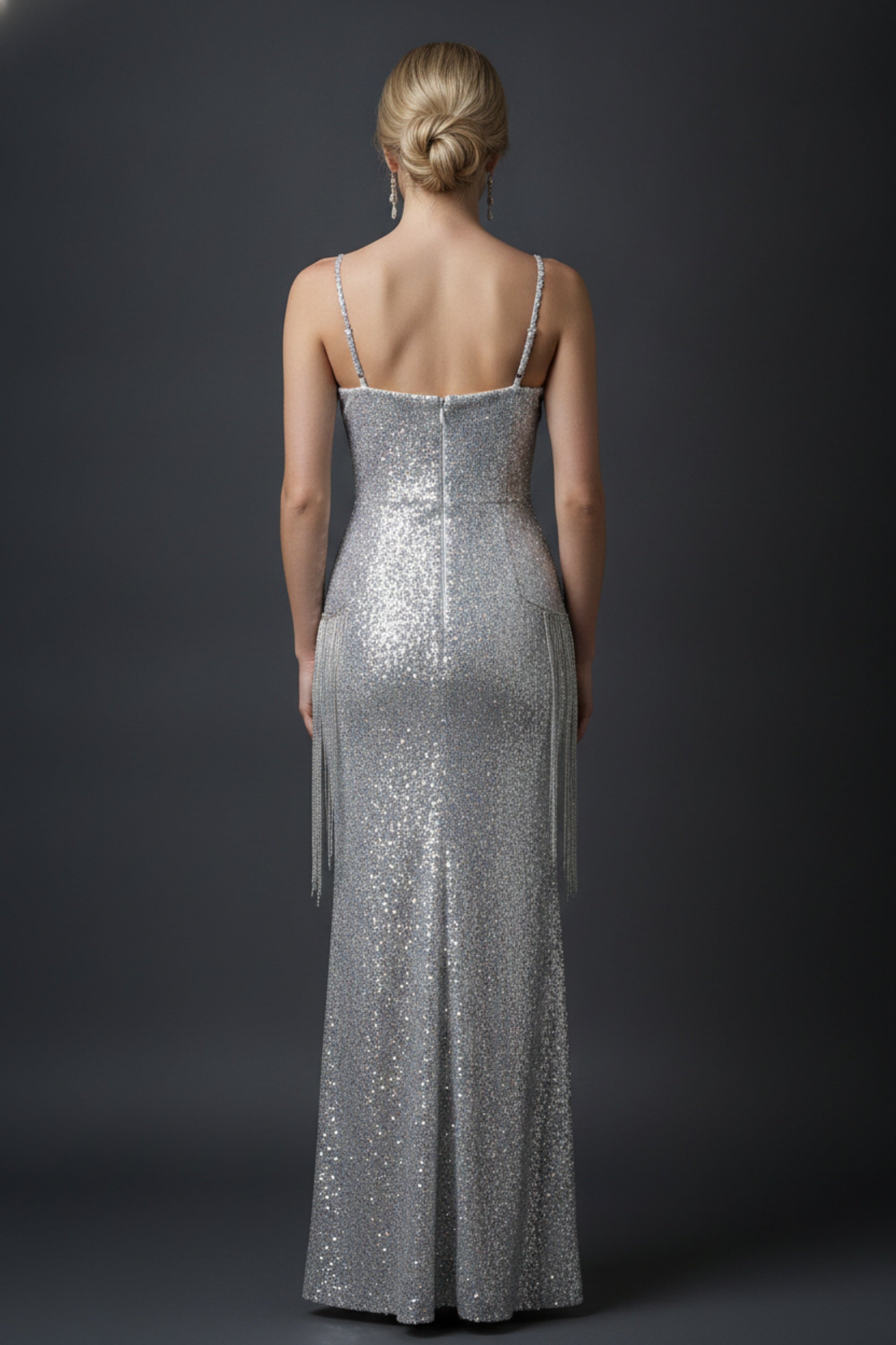 Tiered Fringe and Beaded Sequin Gown with Spaghetti Straps