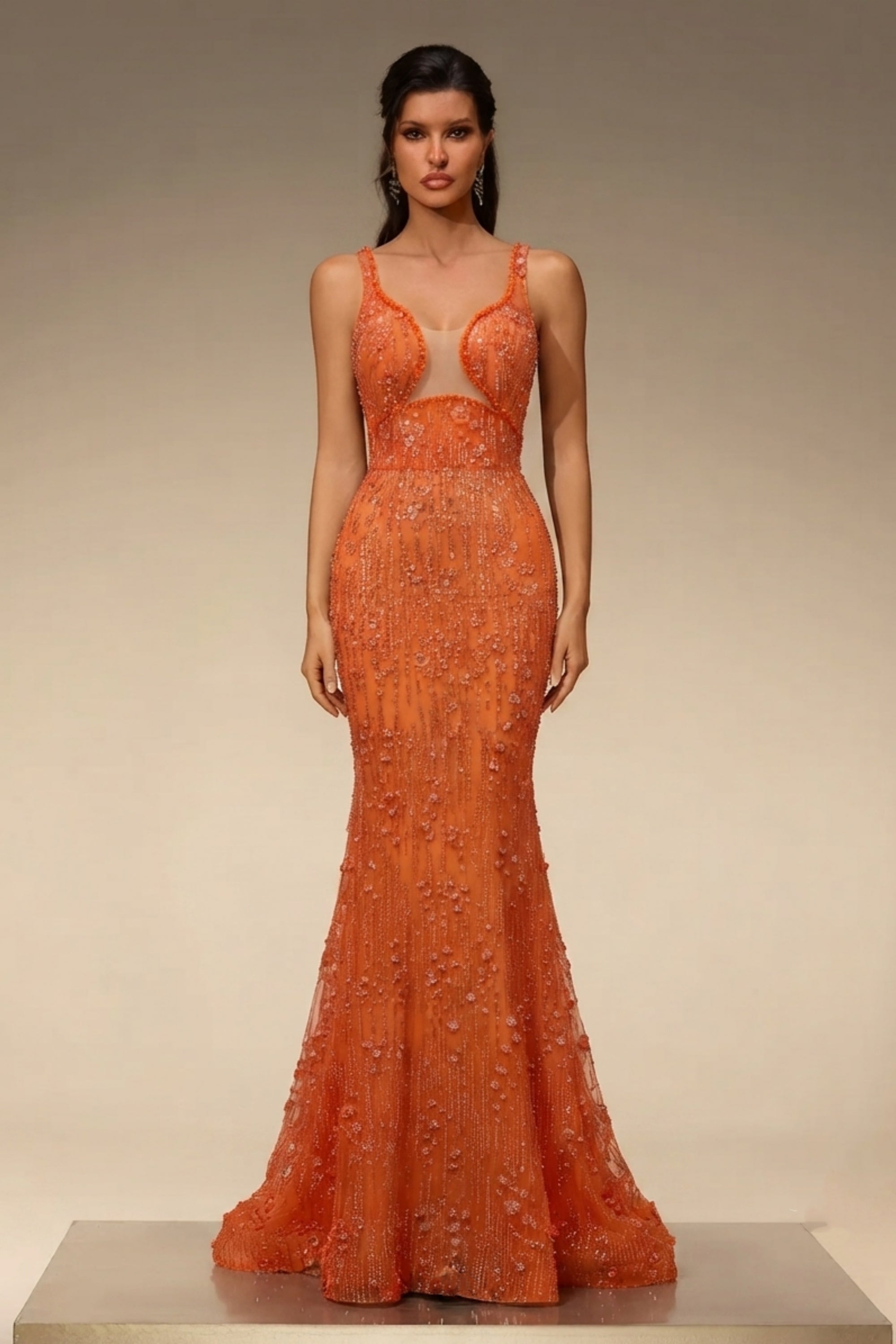 Intricate Beaded V-Neck Mermaid Gown with Petal Appliques