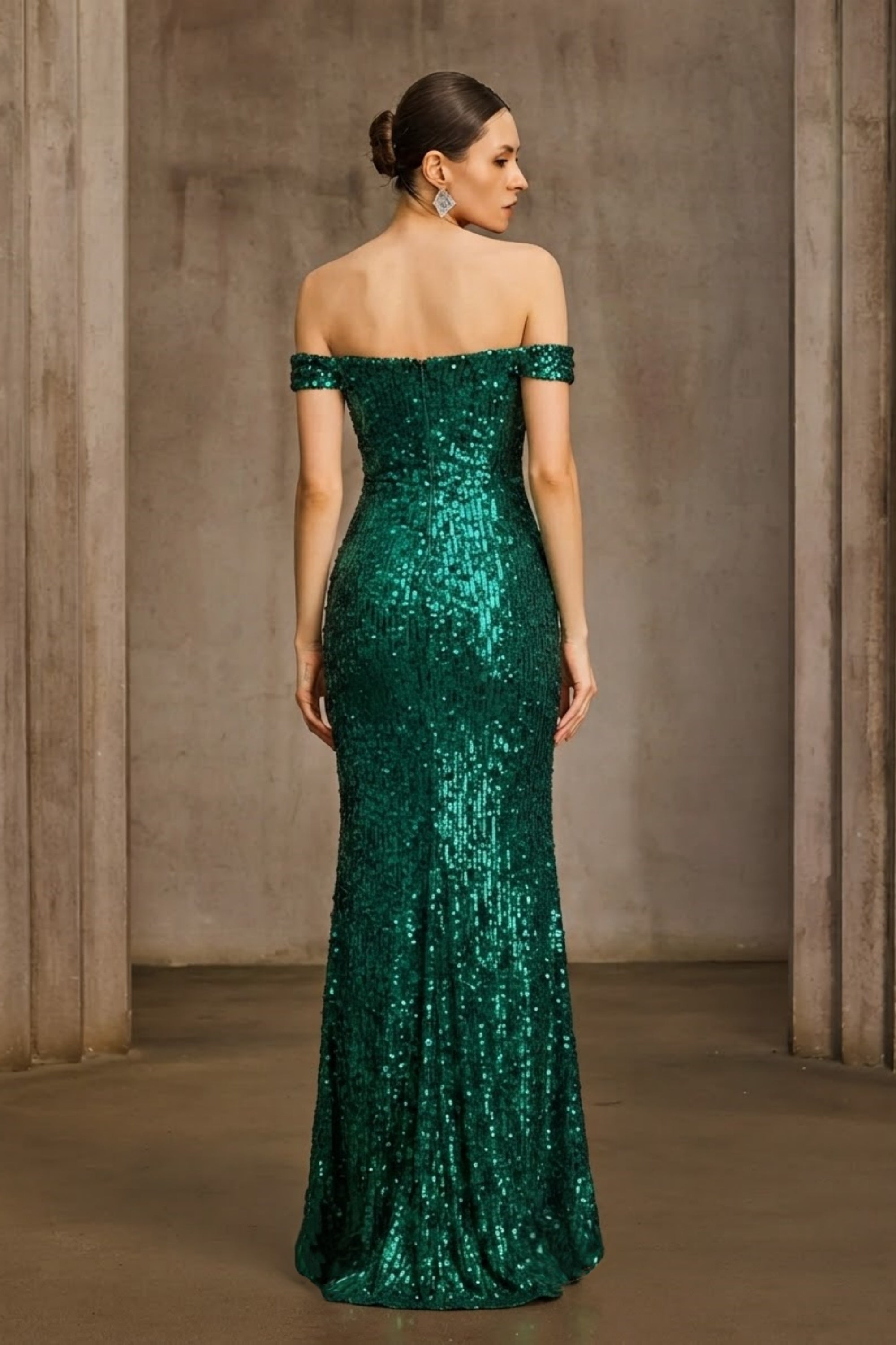 Off-the-Shoulder Sequin Mermaid Gown with Plunging Neckline