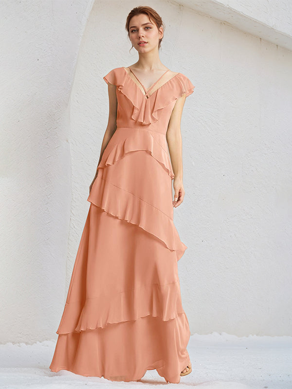 Coral Chiffon A Line V Neck Sleeveless Floor Length Dress With Ruffle