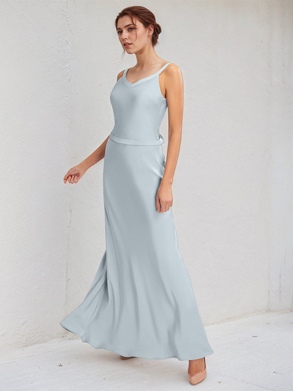 Ice Blue Sheath/Column Satin V Neck Sleeveless Floor Length Bridesmaid Dresses