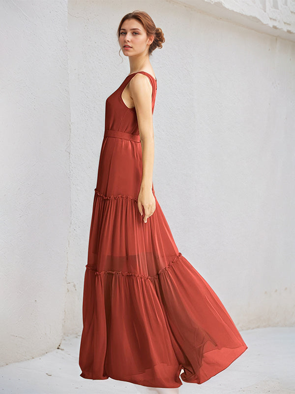 Rust Chiffon A Line Boat Neck Sleeveless Floor Length Dress