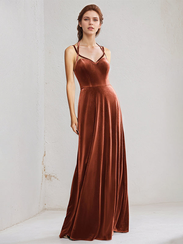 Burnt Orange Velvet A Line Spaghetti Straps Sleeveless Floor Length Dress