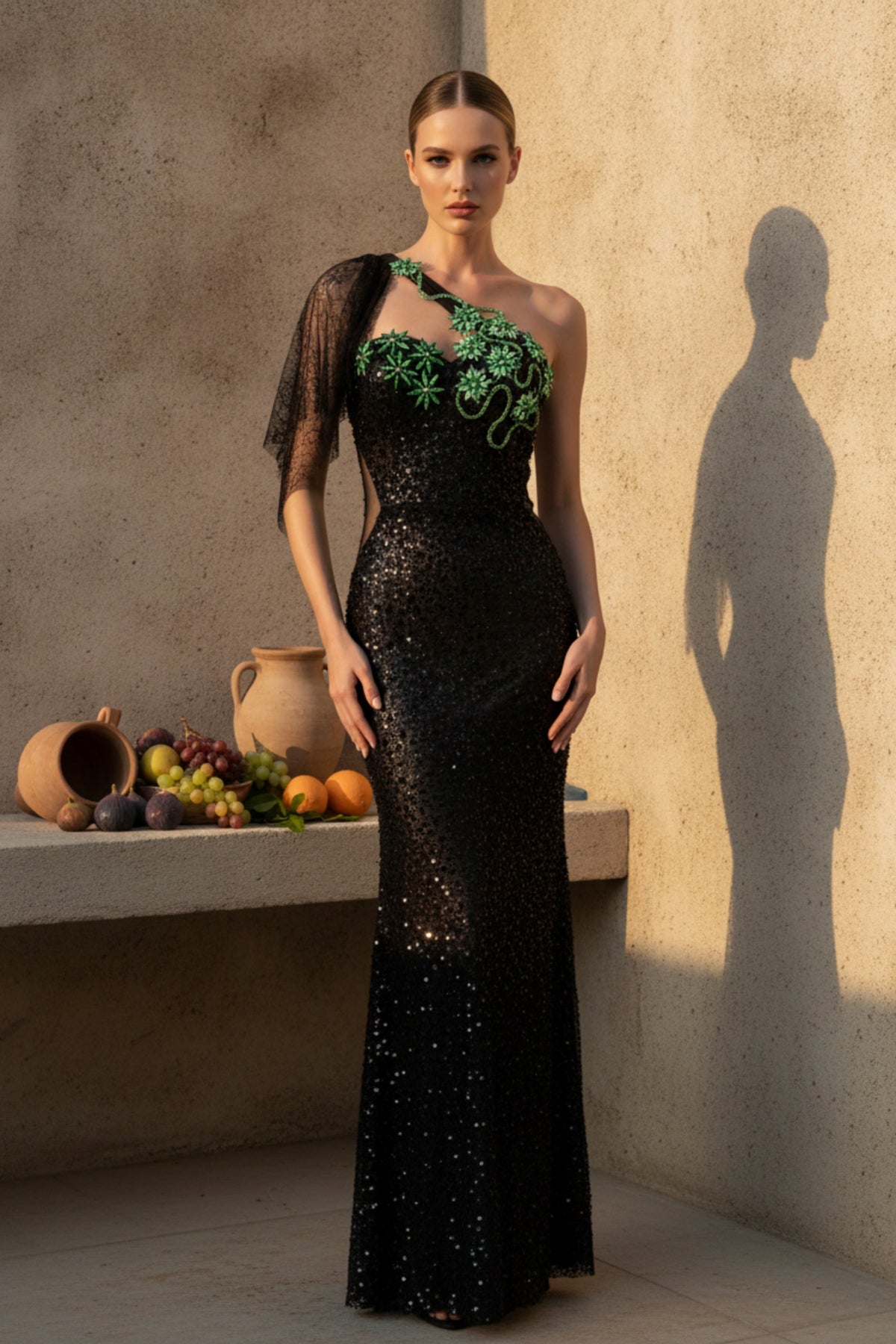 One-Shoulder Sequined Gown with Floral Beading and Sheer Sleeve - VelvetHem