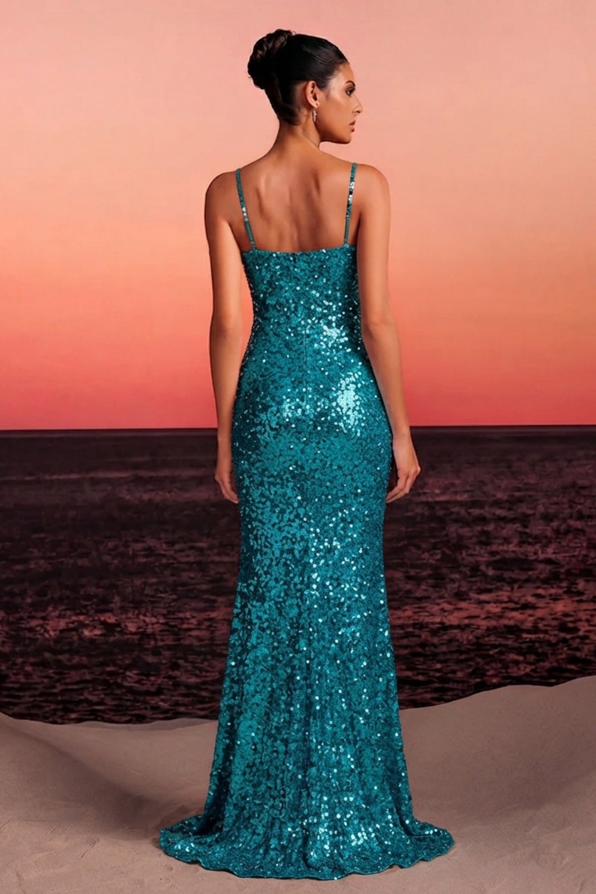 Sequined Spaghetti Strap Gown with Structured Corset Bodice - View 2 | FashionDia