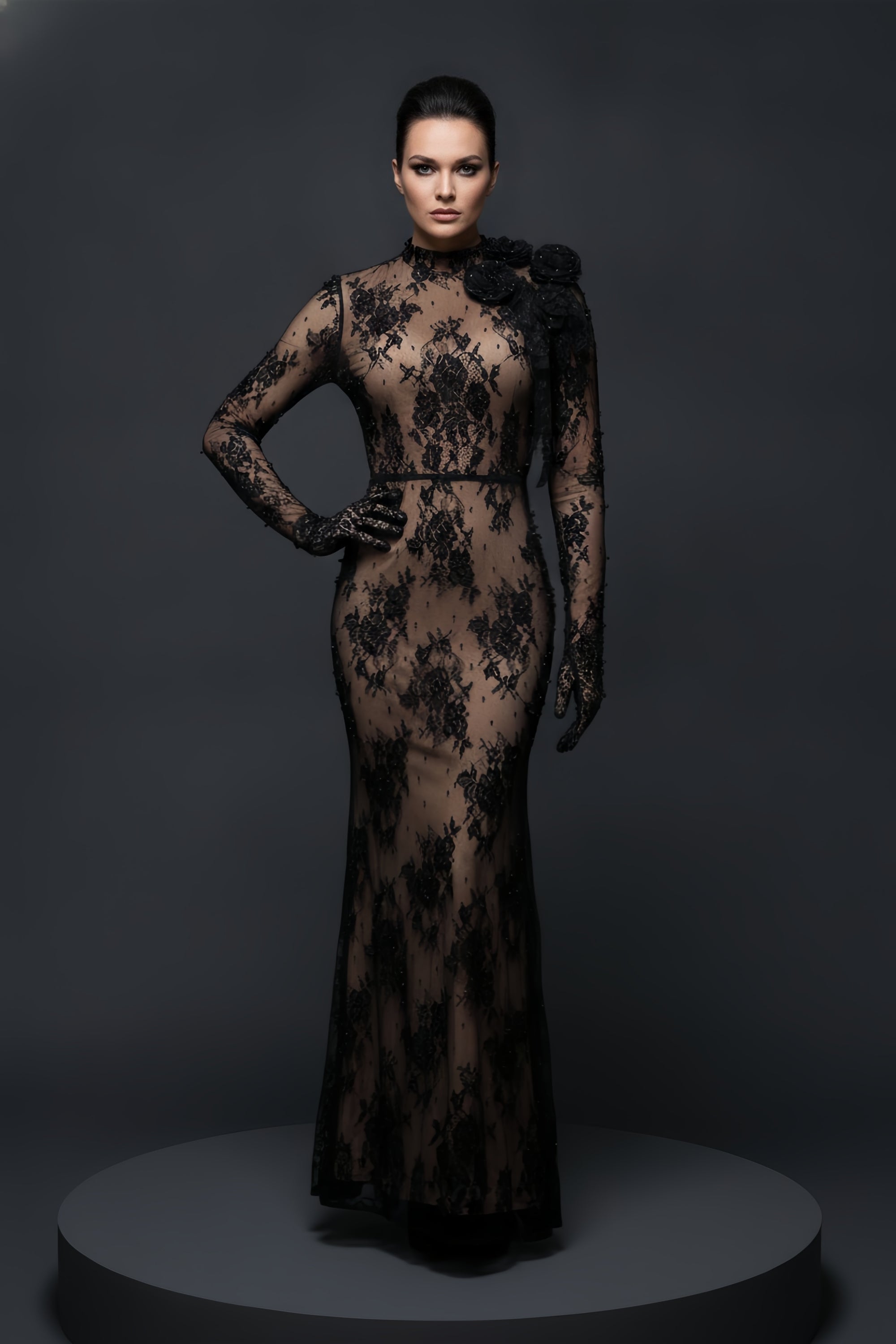 Sheer Lace Illusion Gown with Rosette Shoulder and Open Back