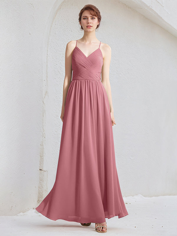 Desert Rose A Line Chiffon Spaghetti Straps Sleeveless Floor Length Bridesmaid Dresses