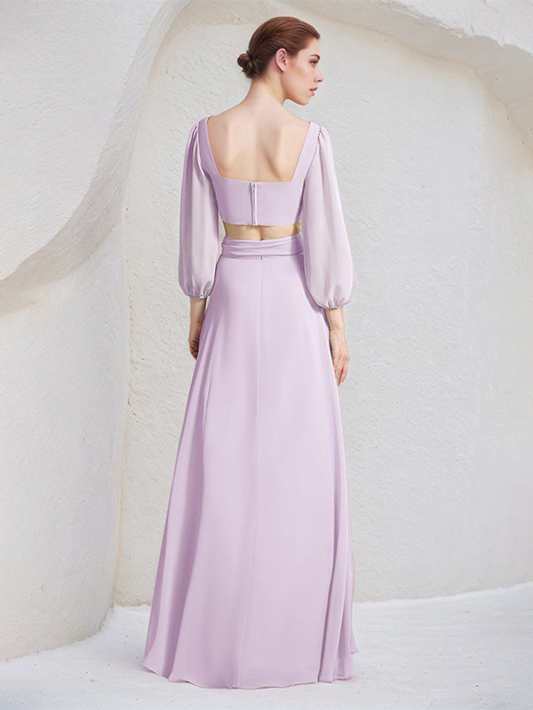 Lilac A Line Chiffon Square Neck Long Sleeves Floor Length Bridesmaid Dresses