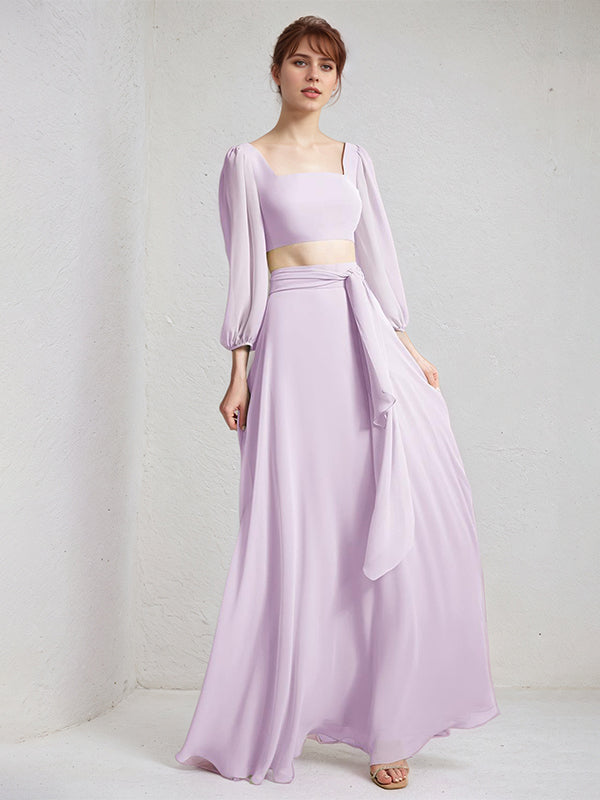 Lilac A Line Chiffon Square Neck Long Sleeves Floor Length Bridesmaid Dresses