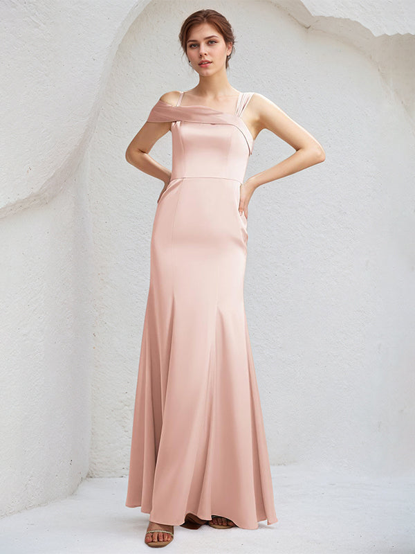 Pearl Pink Trumpet/Mermaid Satin Spaghetti Straps Sleeveless Floor-Length Bridesmaid Dresses - FashionDia