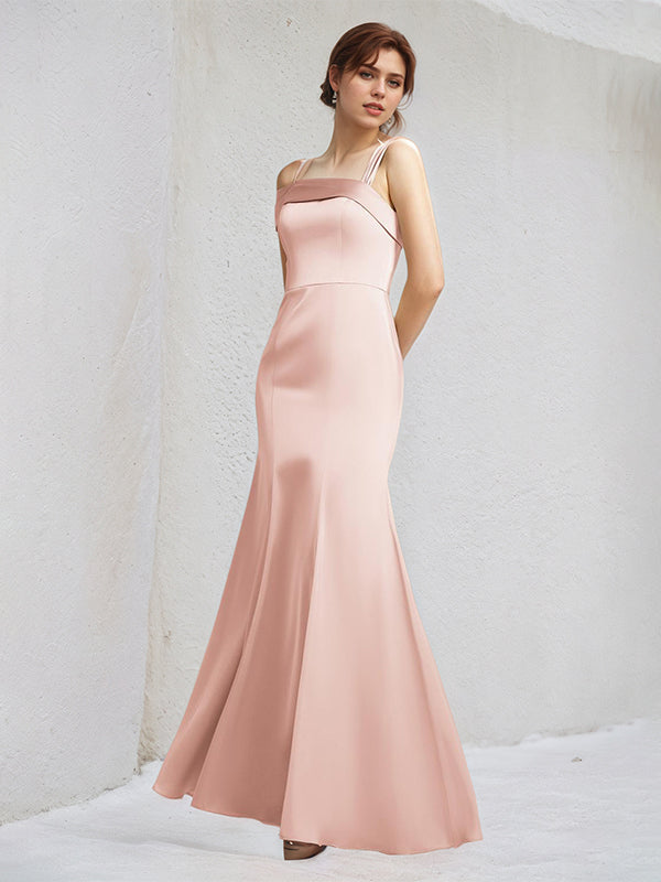 Pearl Pink Trumpet/Mermaid Satin Spaghetti Straps Sleeveless Floor Length Bridesmaid Dresses