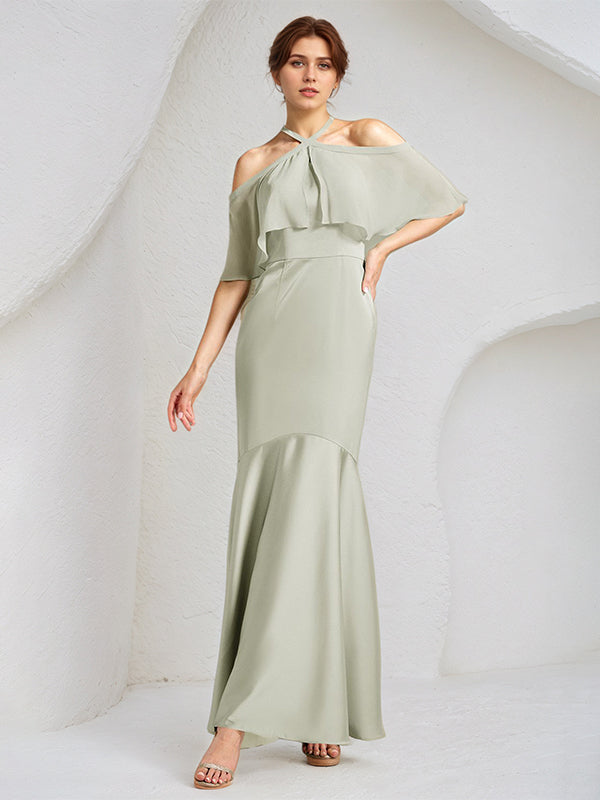 Sage Trumpet/Mermaid Satin Halter Neck Chiffon Short Sleeves Floor Length Bridesmaid Dresses