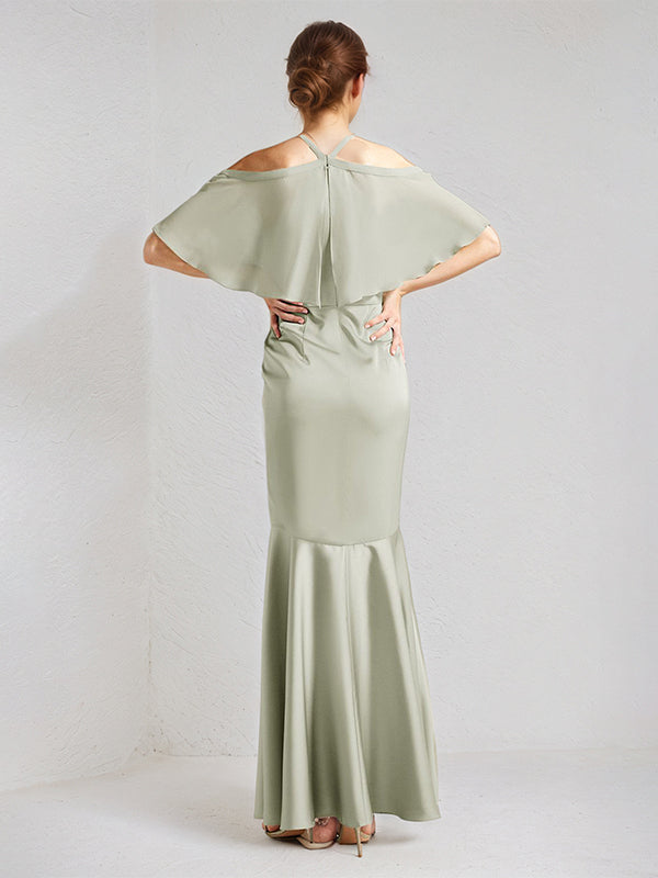Sage Trumpet/Mermaid Satin Halter Neck Chiffon Short Sleeves Floor Length Bridesmaid Dresses