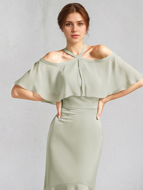 Sage Trumpet/Mermaid Satin Halter Neck Chiffon Short Sleeves Floor Length Bridesmaid Dresses